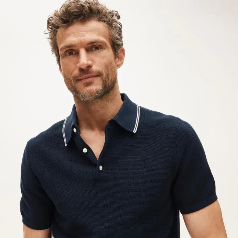 Short-sleeve tipped sweater-polo in Pima cotton
