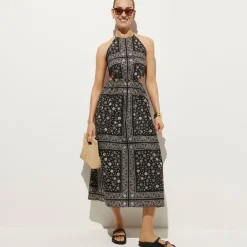 Side-cutout halter dress in bandana-print cotton poplin