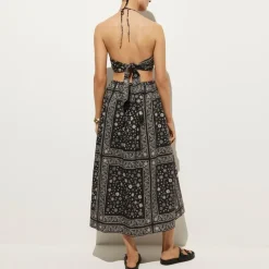 Side-cutout halter dress in bandana-print cotton poplin
