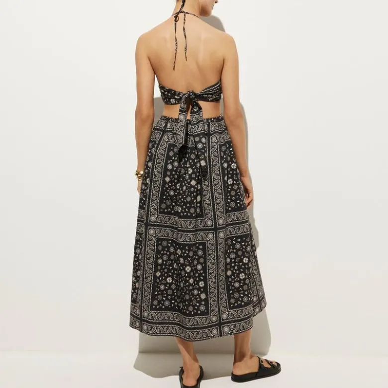 Side-cutout halter dress in bandana-print cotton poplin