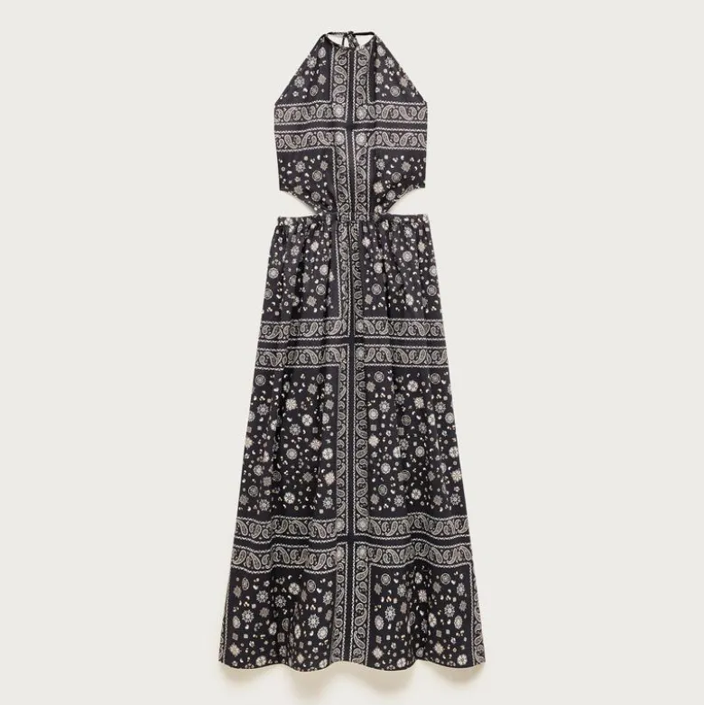Side-cutout halter dress in bandana-print cotton poplin