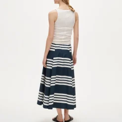 Side-pleat midi skirt in sailor-stripe cotton poplin
