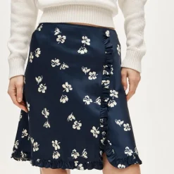 Side-ruffle slip skirt in viscose charmeuse floral
