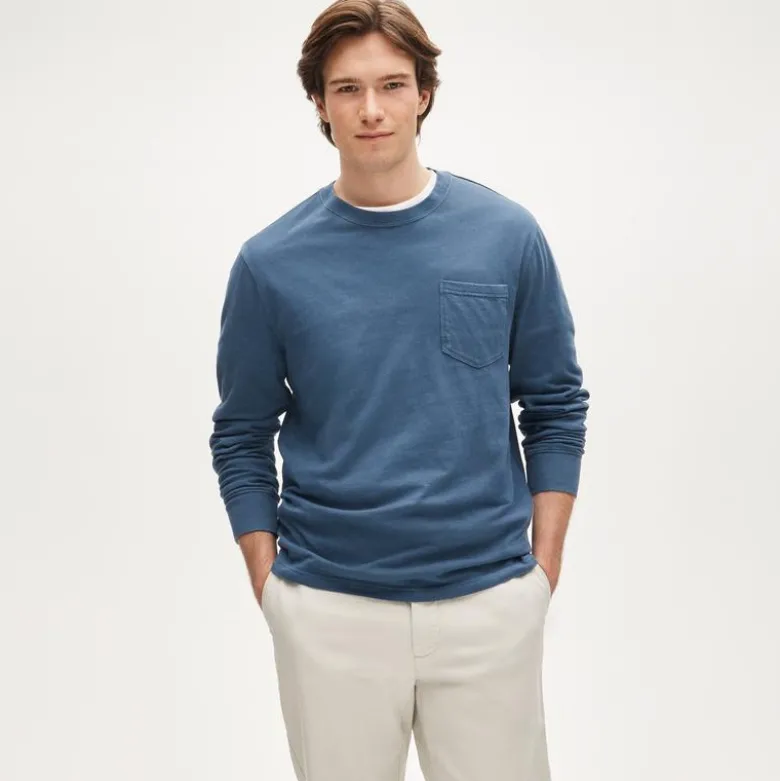 Slim long-sleeve vintage-wash cotton pocket T-shirt