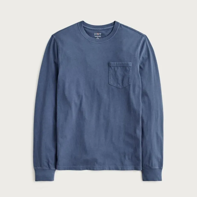 Slim long-sleeve vintage-wash cotton pocket T-shirt