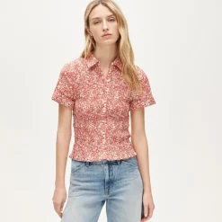 Smocked button-up short-sleeve shirt in floral print