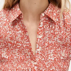 Smocked button-up short-sleeve shirt in floral print