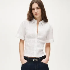 Smocked button-up short-sleeve shirt