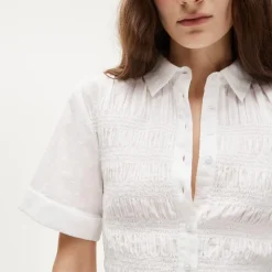 Smocked button-up short-sleeve shirt