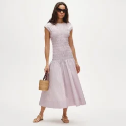 Smocked dress in striped cotton poplin