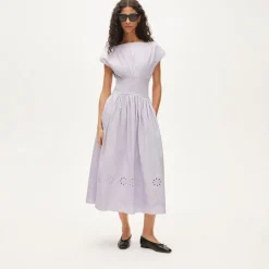 Smocked eyelet-hem dress in cotton poplin