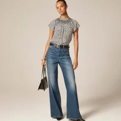 Smocked high-neck top in spot-print crepe de chine
