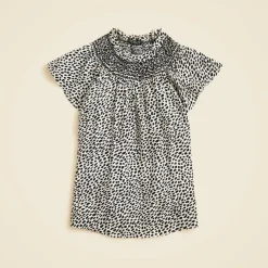 Smocked high-neck top in spot-print crepe de chine