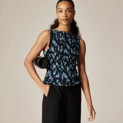 Smocked shell tank top in blurry floral crepe de chine