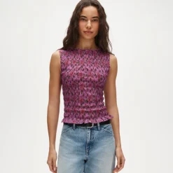 Smocked shell tank top in floral-print ramie