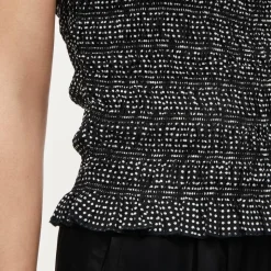 Smocked shell tank top in dot-print crepe de chine