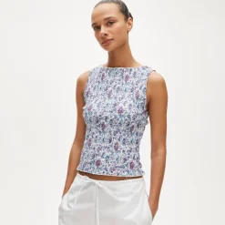 Smocked shell tank top in floral-print cotton