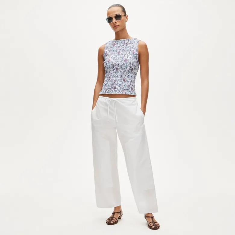 Smocked shell tank top in floral-print cotton