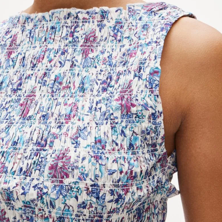 Smocked shell tank top in floral-print cotton