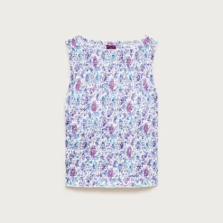 Smocked shell tank top in floral-print cotton