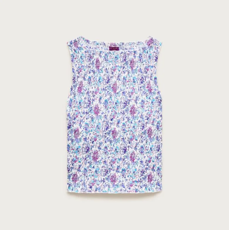 Smocked shell tank top in floral-print cotton