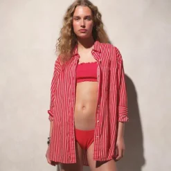 Smocked tie-shoulder top in striped cotton voile