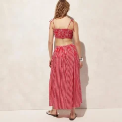 Smocked tie-shoulder top in striped cotton voile