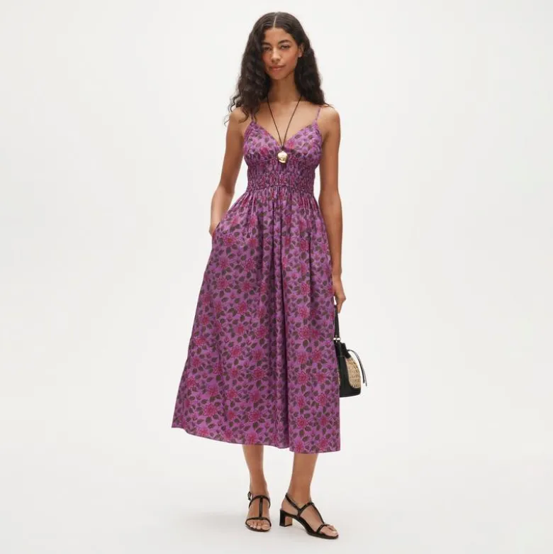 Smocked-waist V-neck dress in iris floral