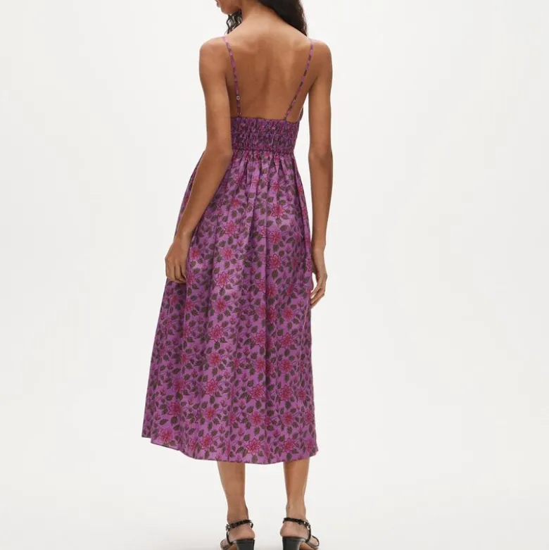 Smocked-waist V-neck dress in iris floral