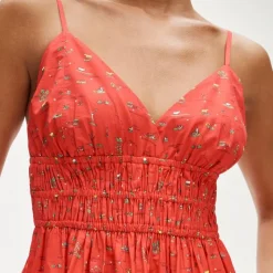 Smocked-waist V-neck dress in map print