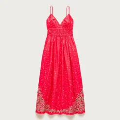Smocked-waist V-neck dress in map print
