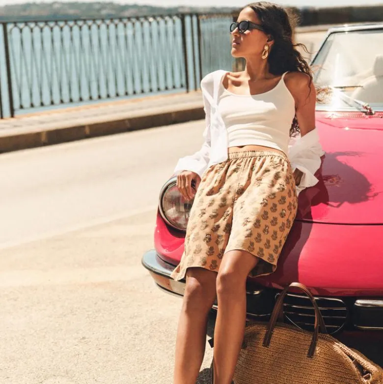 Stratus embellished short in tonal tulip block print