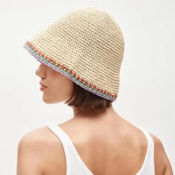 Straw bucket hat with crochet trim