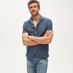 Textured camp-collar knit shirt in stripe