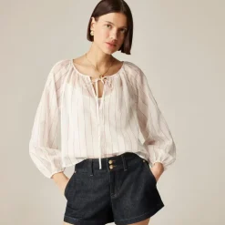 Tie-front popover top in dobby satin