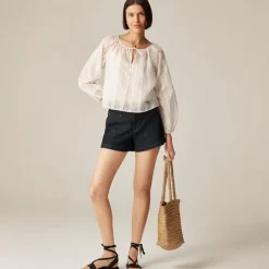 Tie-front popover top in dobby satin