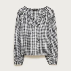 Tie-front popover top in gingham seersucker