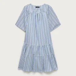 Tiered popover dress in striped cotton poplin