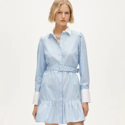 Tiered shirt-dress in striped cotton poplin