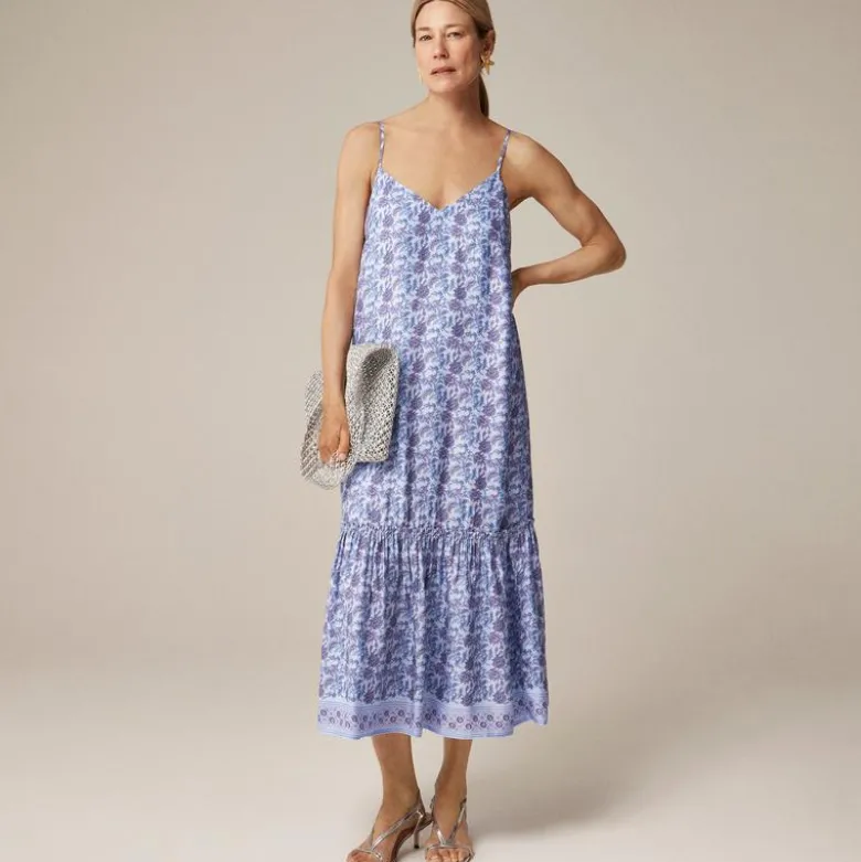 Tiered tie-waist dress in dusty periwinkle block print