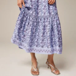 Tiered tie-waist dress in dusty periwinkle block print