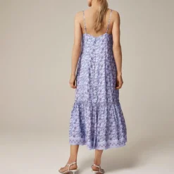 Tiered tie-waist dress in dusty periwinkle block print