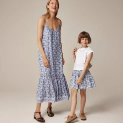 Tiered tie-waist dress in dusty periwinkle block print