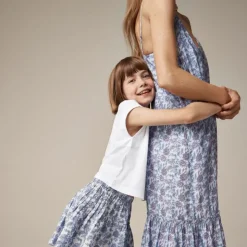 Tiered tie-waist dress in dusty periwinkle block print