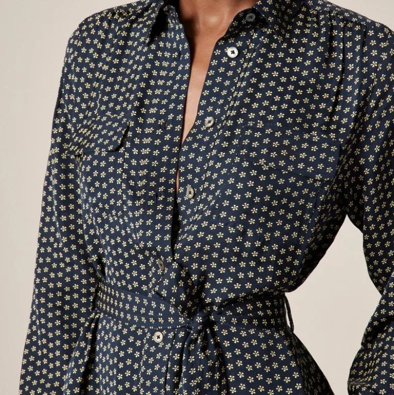 Tie-waist shirt-dress in ditsy floral print