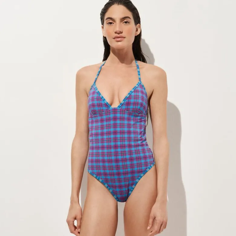 V-neck one-piece in reversible plaid print