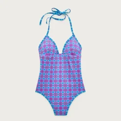 V-neck one-piece in reversible plaid print