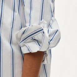 V-neck popover dress in striped cotton poplin