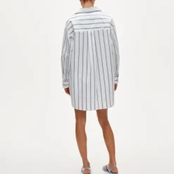V-neck popover dress in striped cotton poplin