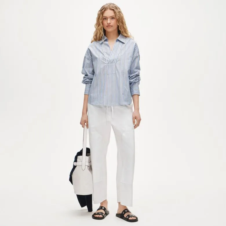 V-neck popover shirt in striped cotton poplin